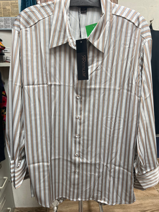 Renuar silky striped button up shirt tan combo