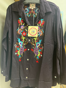 A&A eggplant embroidered button up shirt
