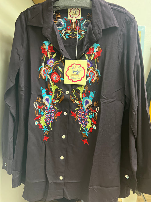 A&A eggplant embroidered button up shirt