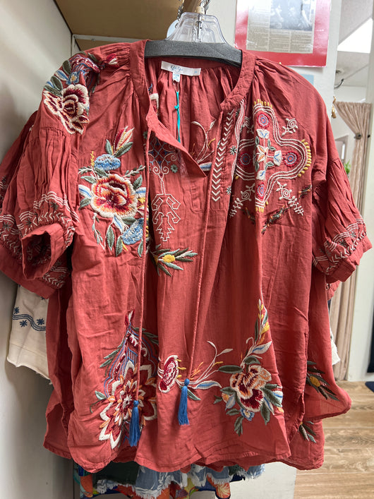 Caite summer fig embroidered blouse