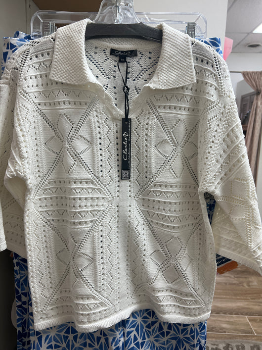 Charlie B pointelle 3/4 sweater off-white