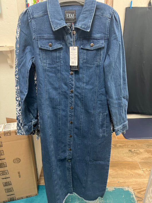 FDJ medium wash denim duster dress