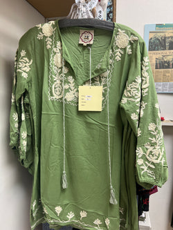 A&A sage green blouse w/ ivory embroidery