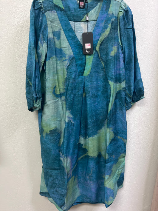 Lior watercolor blue & green v neck dress