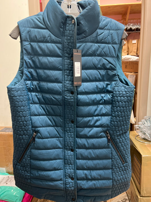 Renuar zip up long vest w/ fur collar lagoon blue