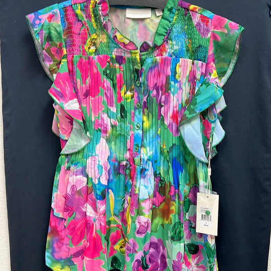 Sunny Leigh green pink floral pleated top