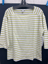 Tribal avocado white stripe boat neck top