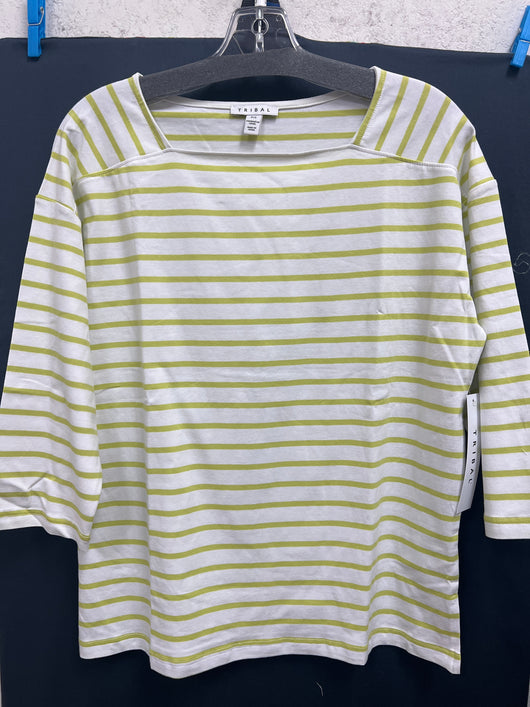 Tribal avocado white stripe boat neck top