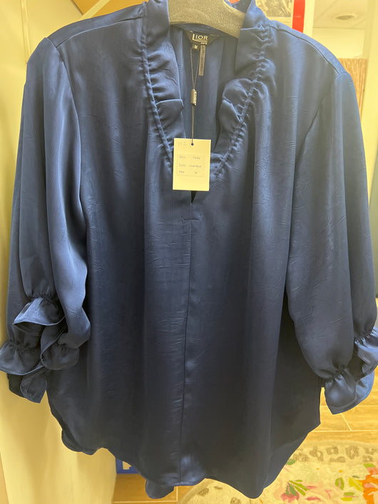 Lior silky ruffle v neck jewel blue