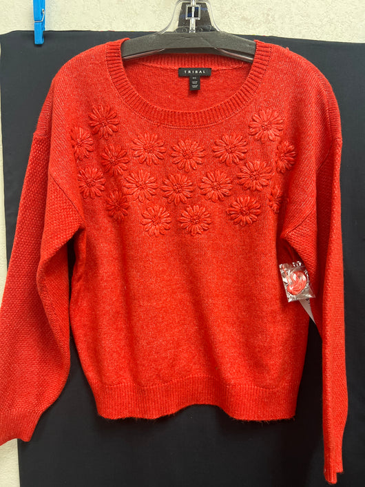 Tribal crimson red floral embroidered sweater