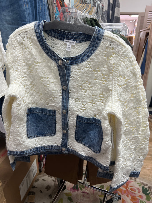 Tribal denim crochet jacket