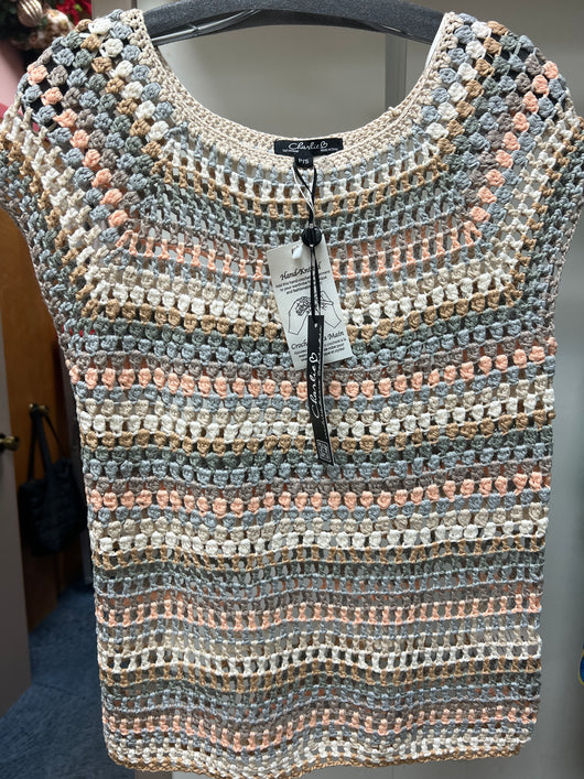 Charlie B pebble stripe crochet cap sleeve top