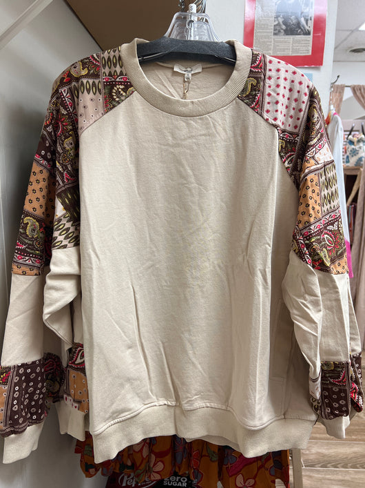 Easel patchwork sleeve beige top