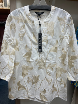 Charlie B gold embroidered 3/4 sleeve white blouse
