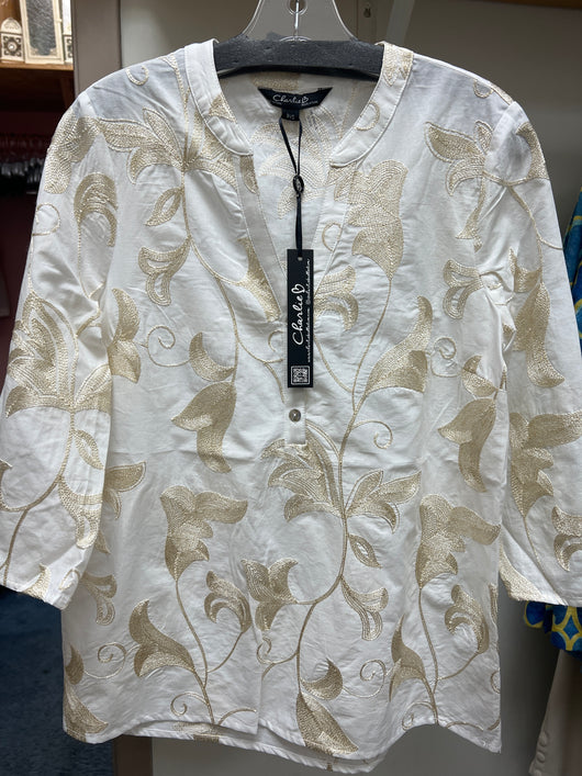 Charlie B gold embroidered 3/4 sleeve white blouse