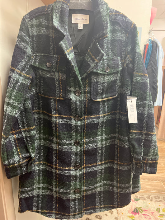 Tribal alpine green & navy plaid long jacket