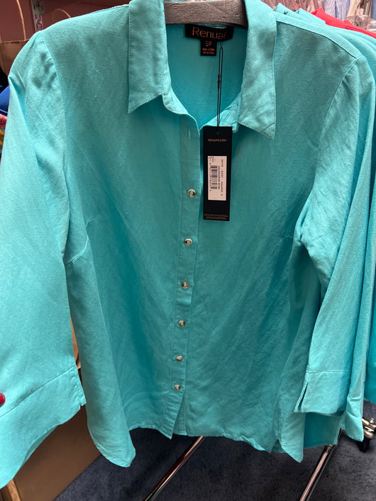 Renuar button up linen tunic aquamarine blue