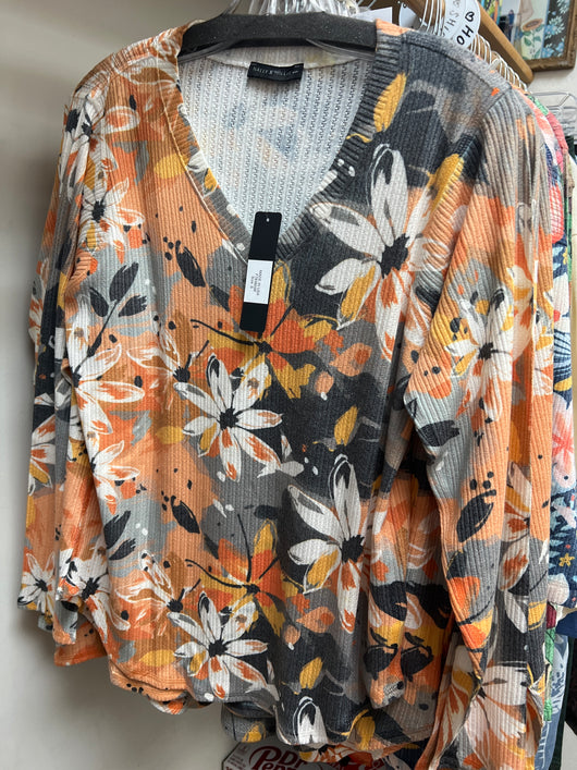 Nally & Millie grey orange floral ribbed top