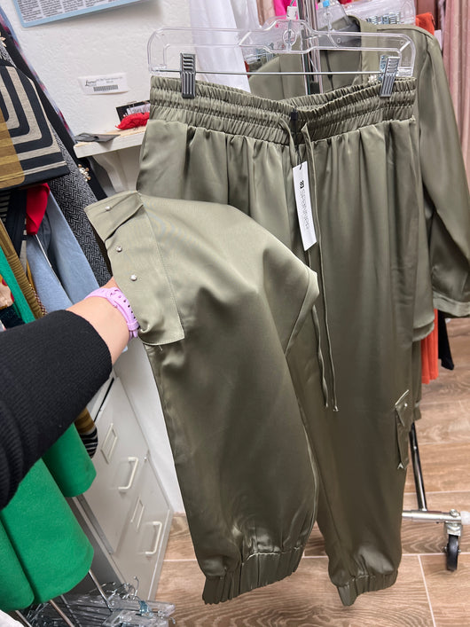 Spanner green satin rhinestone pants