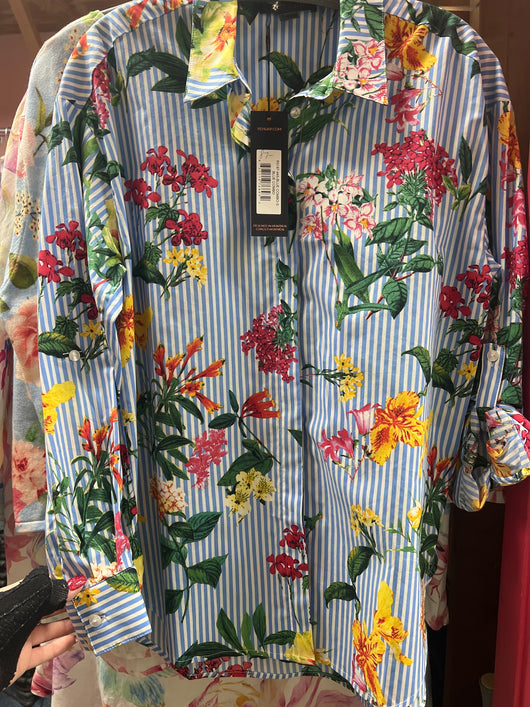 Renuar blue stripe floral shirt