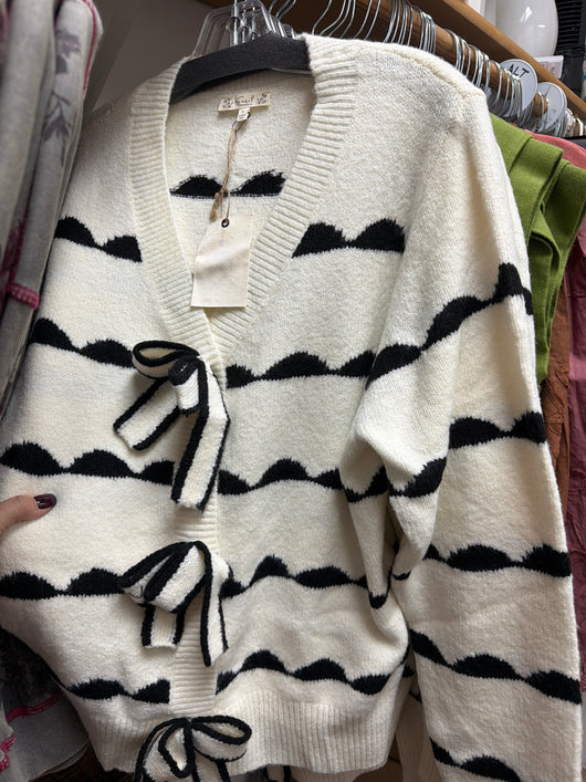 Easel Ivory & Black Bow Cardigan