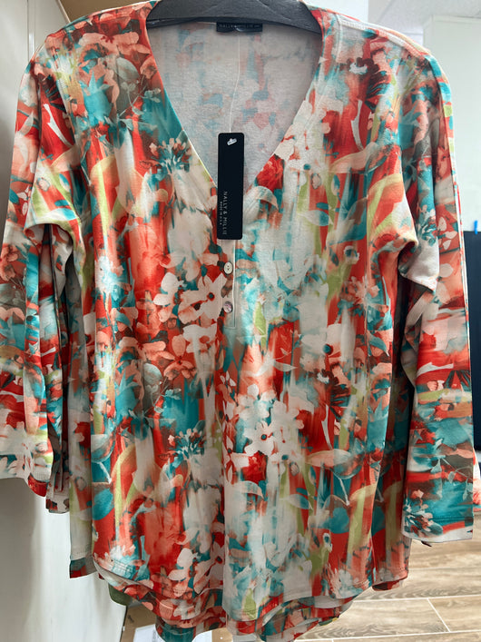 Nally & Millie coral turquoise multi watercolor top