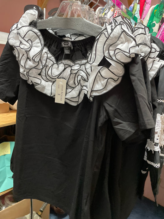 AZI black top w/ white ruffles