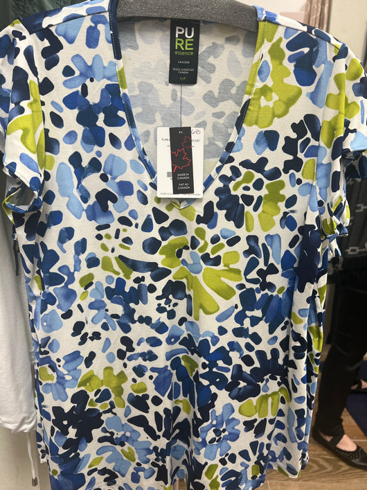 Pure blue/apple green print v neck top