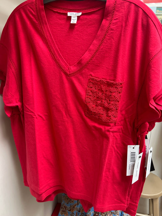 Tribal v-neck crochet pocket tee tango red