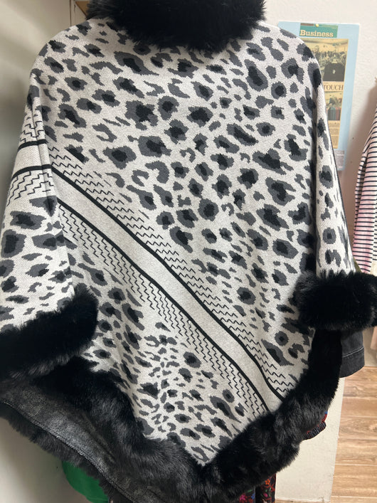 FunSport black white leopard fur lined poncho