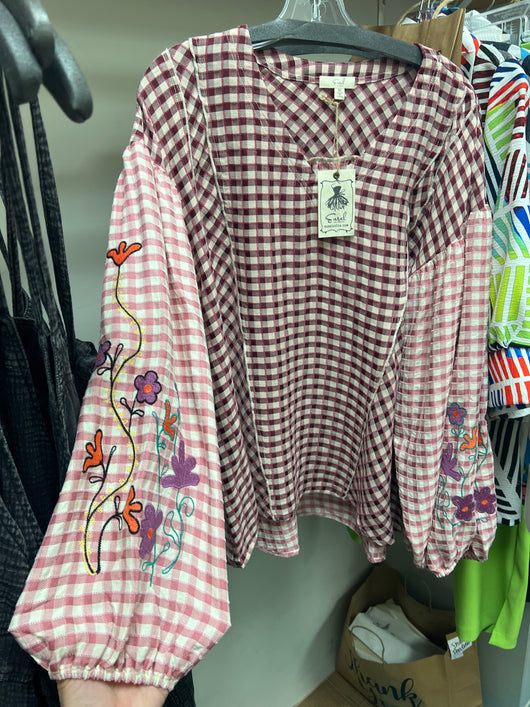 Easel mauve maroon plaid top