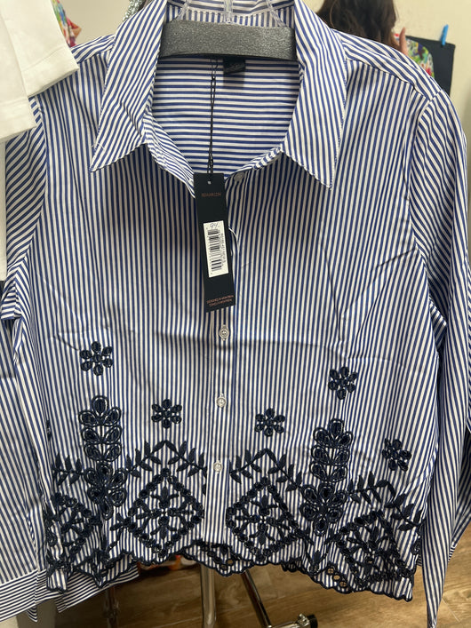 Renuar new midnight combo stripe embroidered blouse