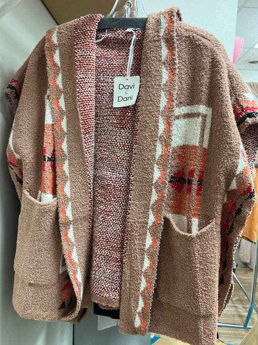 Davi & Dani camel Aztec fuzzy hooded cardi