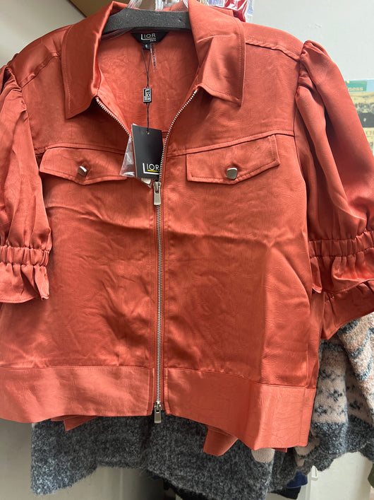 Lior rust ruffle sleeve zip up jacket