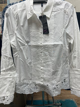 FDJ white pleated lacy button up shirt