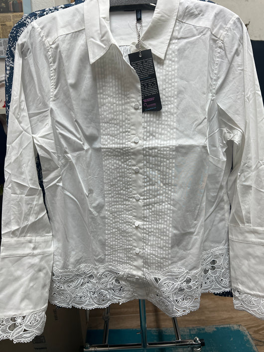 FDJ white pleated lacy button up shirt