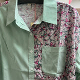 Entro green stripe floral button up shirt