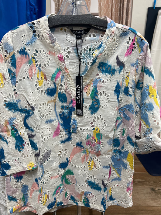 Charlie B paradise print eyelet blouse