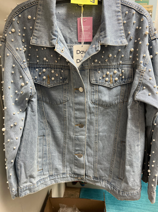 Davi & Dani denim jacket w/ pearls & rhinestones