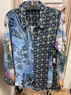 APNY blue purple multi button up blouse