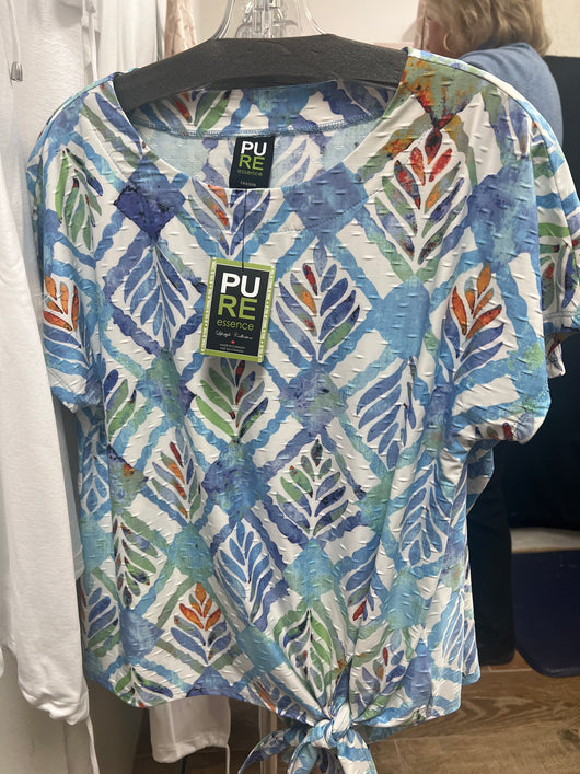 Pure azure blue print textured tie front top