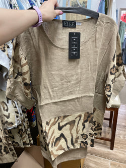 Elle camel linen top w/ leopard