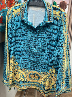 AZI turquoise gold button up shirt