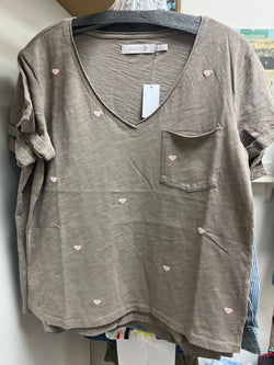 Billy T mocha v neck embroidered hearts