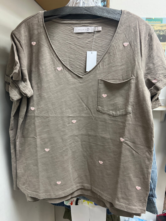 Billy T mocha v neck embroidered hearts