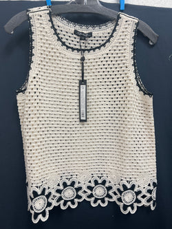 Charlie B natural beige & navy crochet tank
