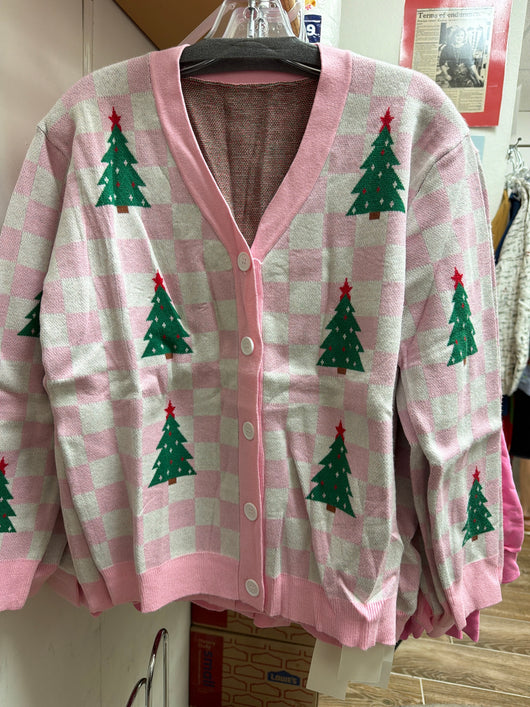 Little daisy pink Christmas tree cardigan