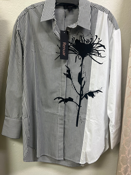 Renuar black white combo stripe flower shirt