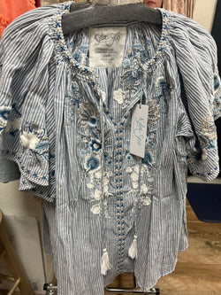 Caite blue stripe embroidered Adira top