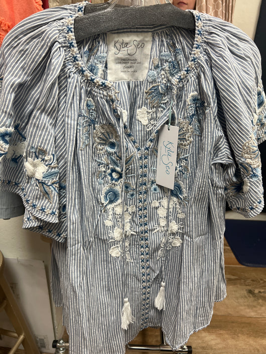 Caite blue stripe embroidered Adira top
